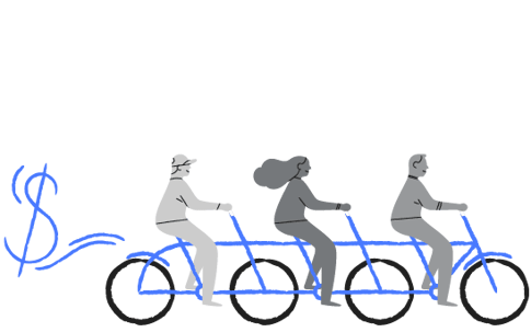 Illustration of three people riding a triple bicycle.