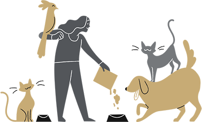 Illustration of woman feeding pets.