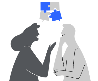 Illustration of two figures with speech bubbles the shape of puzzle pieces above their heads.