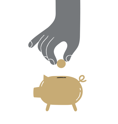 Illustration of hand dropping coin into piggy bank.