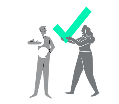 Illustration of man holding question mark, woman holding check mark.